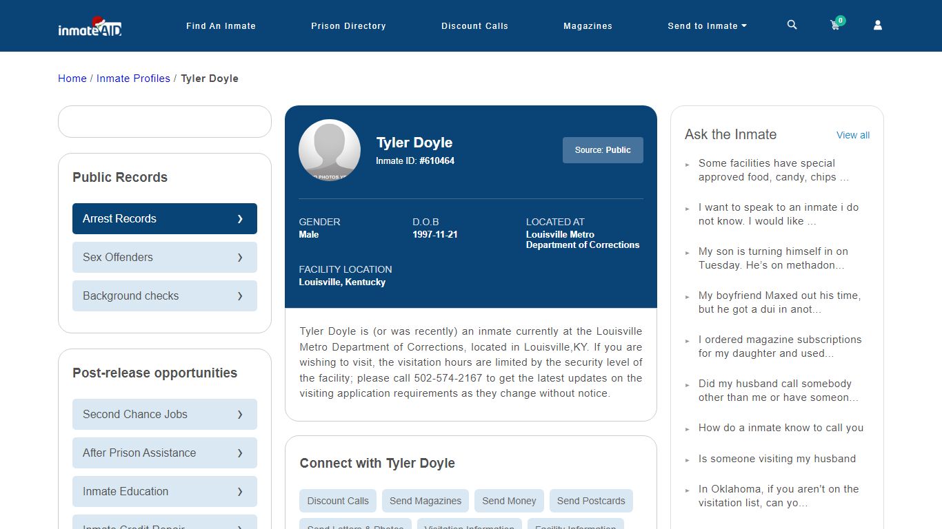 Inmate Search: Tyler Doyle 610464, Louisville, Kentucky